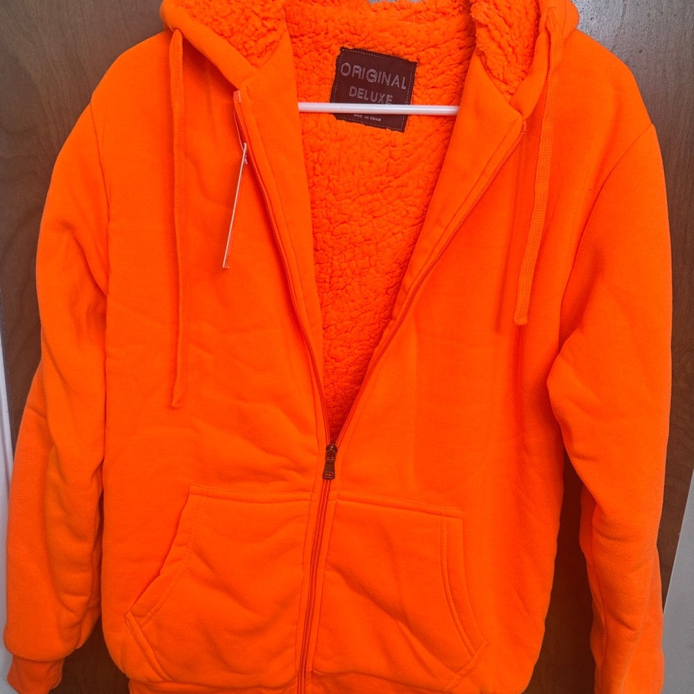 Original Deluxe Bright Orange zip up hoodie with sharpa lining new with tags